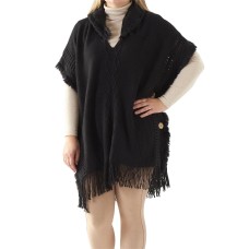 Black Fringe Hooded Poncho  